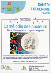 Affiche annonçant le spectacle La Mélodie des Couleurs à la bibliothèque de Clichy-sous-Bois le 7 décembre 2024